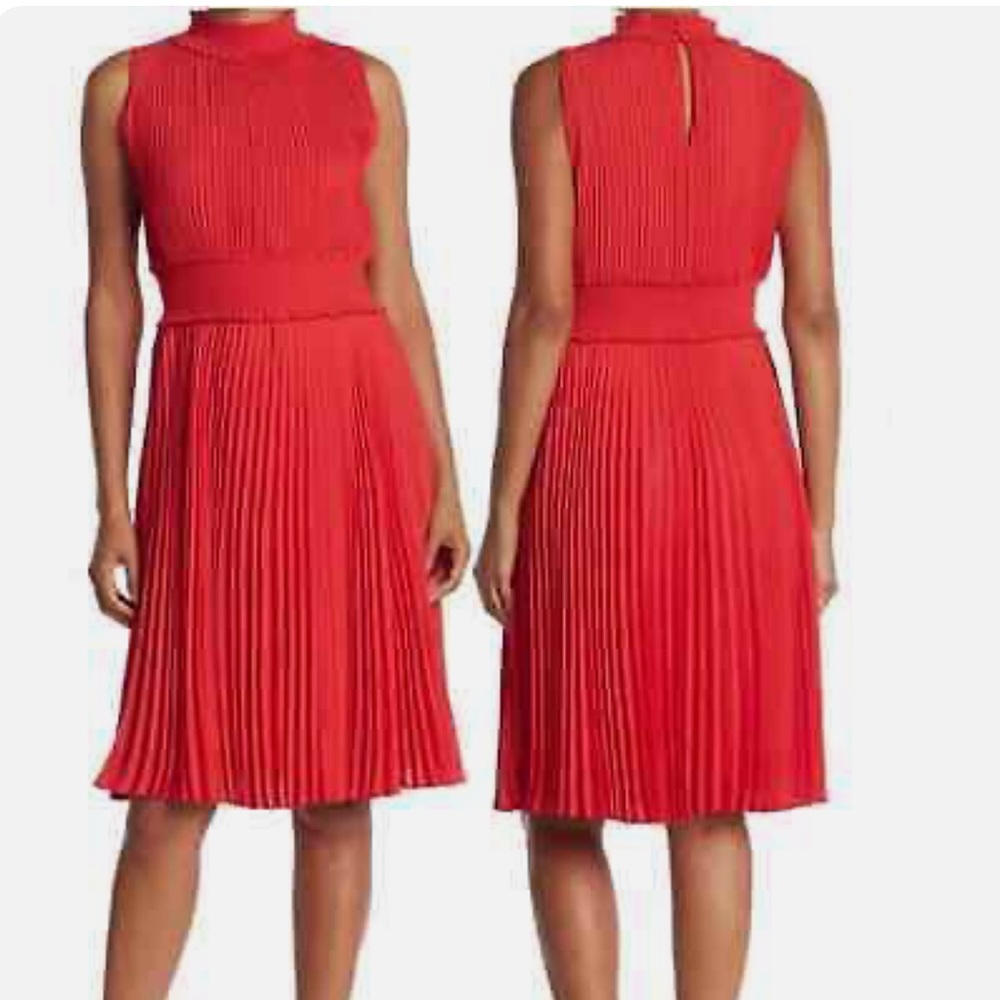 Nanette Lepore Orange Pleated Sleeveless Mock Neck Dress